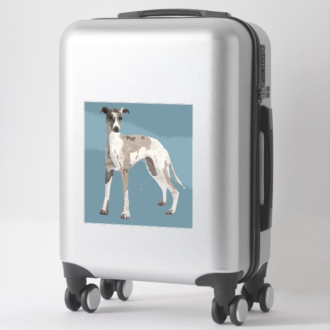 Sticker Whippet gris et blanc, arrière - plan bleu (Sur valise)