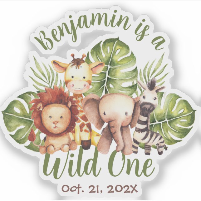 Sticker Wild One Safari Animaux Mignons Feuilles Vertes (Devant)