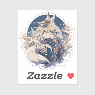 Sticker Winter Spirit Kitsune Girl - Snowy Yokai Art