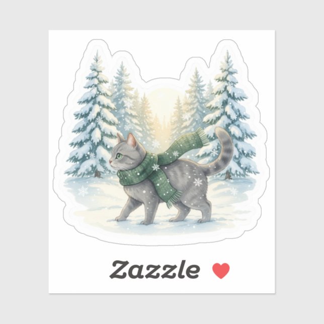 Sticker Winter Wonderland Cat Snowy Forest Scarf Christmas (Feuille)