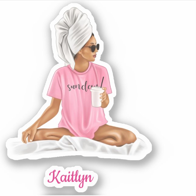 Sticker Woman Pink Nightshirt Café Personnalisé Nom tendan (Devant)