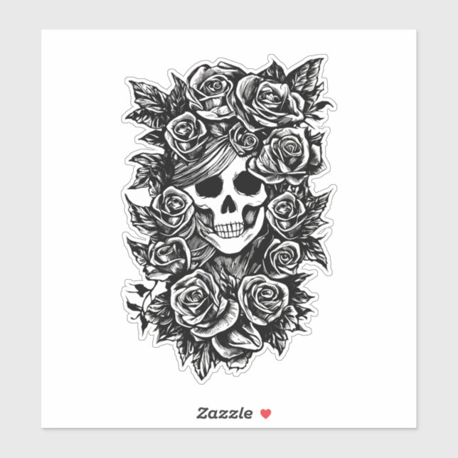 Sticker Womman Skull Roses Goth Original ink drawing Art   (Feuille)