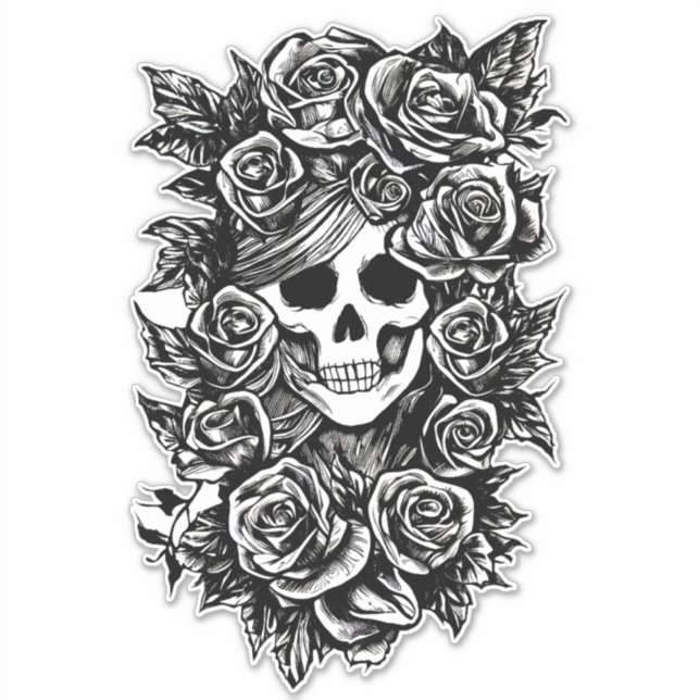 Sticker Womman Skull Roses Goth Original ink drawing Art  (Devant)