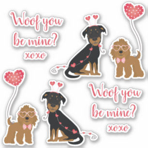 Sticker Woof You Be Mine Valentine Dogs