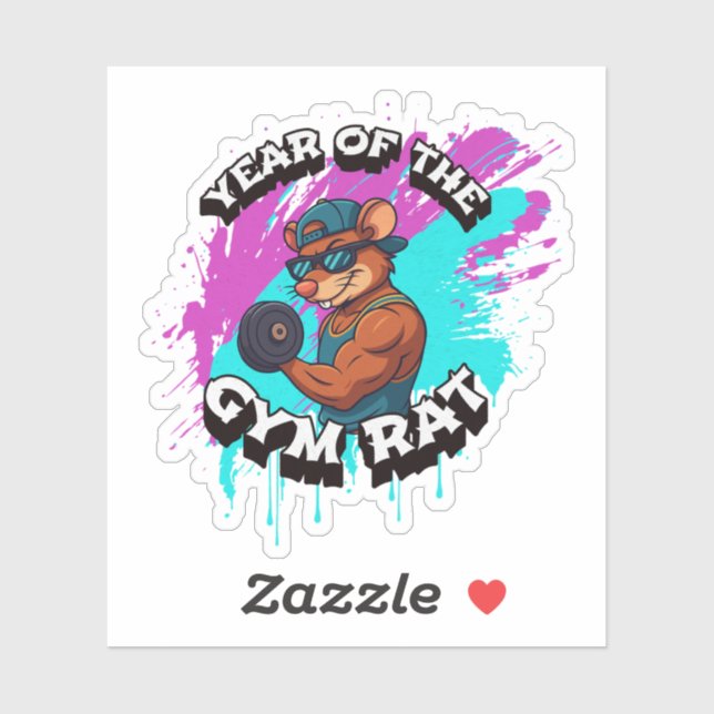 Sticker Year of the Gym Rat Funny Workout Cartoon Design (Feuille)