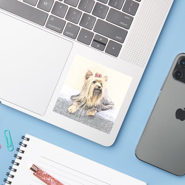 Sticker Yorkshire Terrier Peinture - Cute Original Chien A (Ordinateur portable avec iPhone)