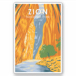 Sticker Zion National Park Utah The Narrows Vintage<br><div class="desc">Design d'illustration vectorielle de Sion. Le parc est une réserve naturelle du sud-ouest de l'Utah qui se distingue par les falaises rouges abruptes de Zion Canyon.</div>