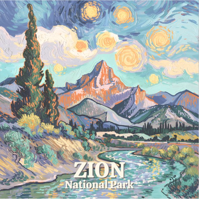 Sticker Zion Vibrant Landscape Retro River Sunset Van Gogh (Devant)