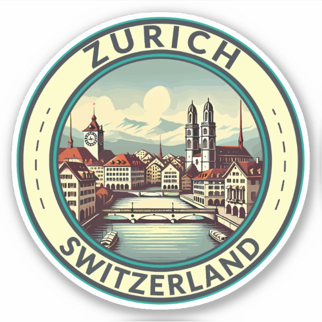 Sticker Zurich Suisse Illustration Insigne d'art de voyage (Devant)