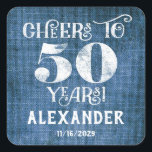 Stickers 50th Birthday Blue Linen Merci Favor<br><div class="desc">stickers 50e anniversaire de marque de faveur,  avec le charme burlap de lin bleu rustique avec des lettres de tableau noir en blanc et personnalisée avec le nom et la date ci-dessous.</div>