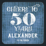 Stickers 50th Birthday Blue Linen Merci Favor<br><div class="desc">stickers 50e anniversaire de marque de faveur,  avec le charme burlap de lin bleu rustique avec des lettres de tableau noir en blanc et personnalisée avec le nom et la date ci-dessous.</div>