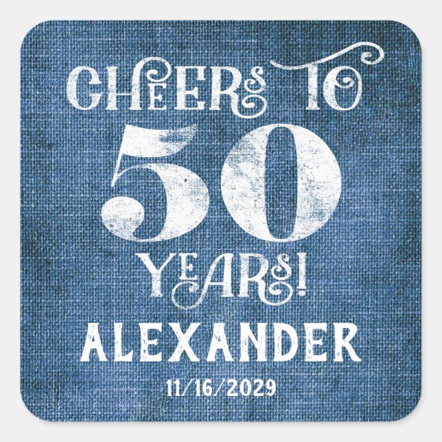 Stickers 50th Birthday Blue Linen Merci Favor (Devant)