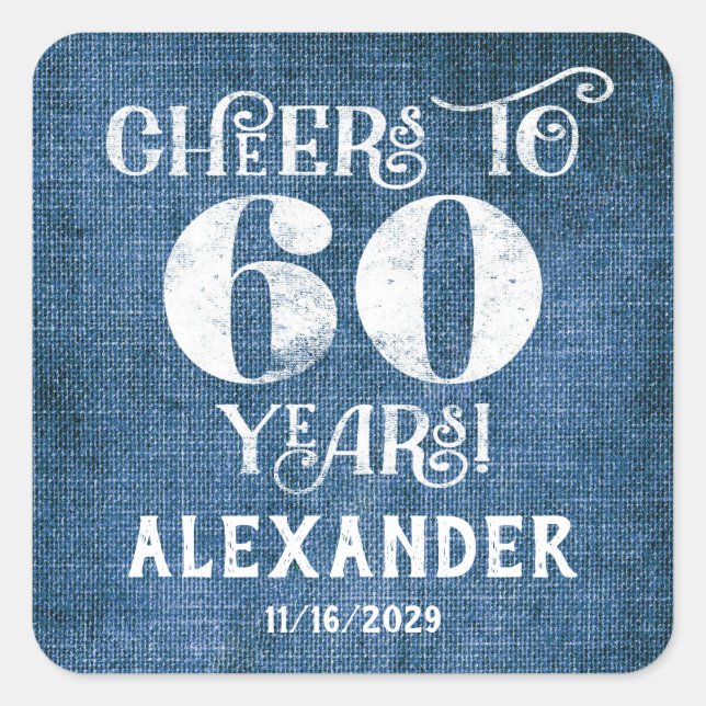 Stickers 60th Birthday Blue Linen Merci Favor (Devant)