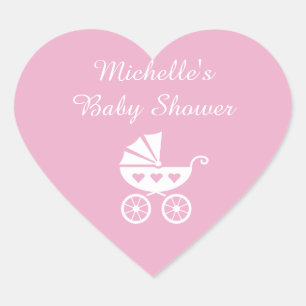 stickers baby shower coeur rose avec pram chariot