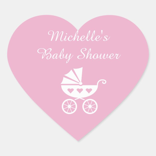 stickers baby shower coeur rose avec pram chariot (Devant)