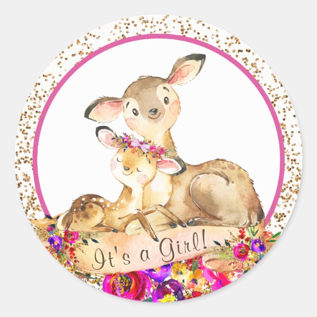Stickers Baby shower de cerfs de Fille Woodland (Devant)