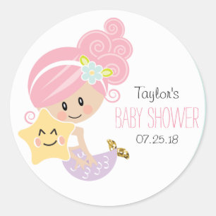 Stickers Baby shower de sirène de cheveux rose Pea