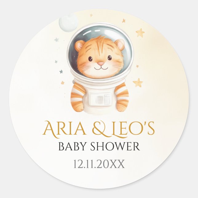 Stickers Baby shower de tigre spatial Favoriser (Devant)