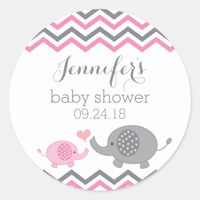 Stickers Baby shower éléphant | Chevron gris rose (Devant)