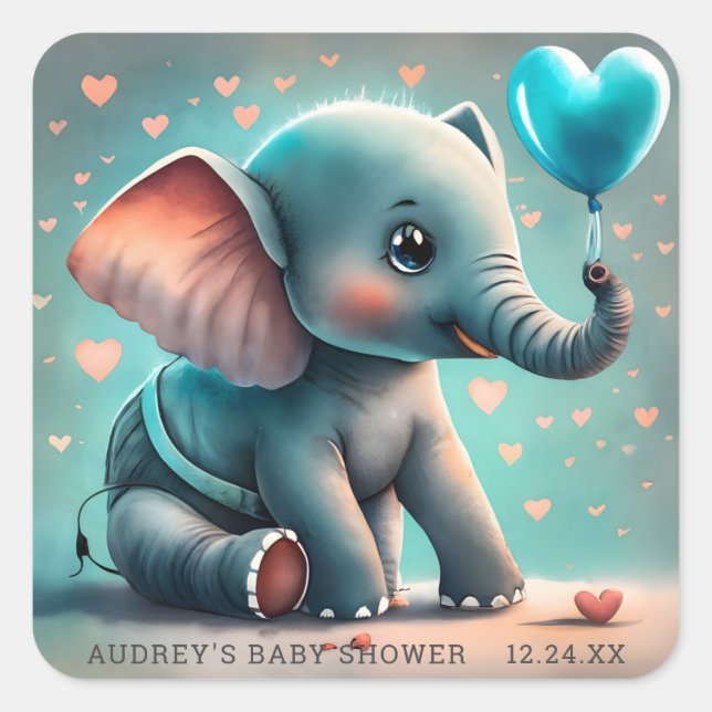 Stickers Baby shower éléphant gris turquoise (Devant)