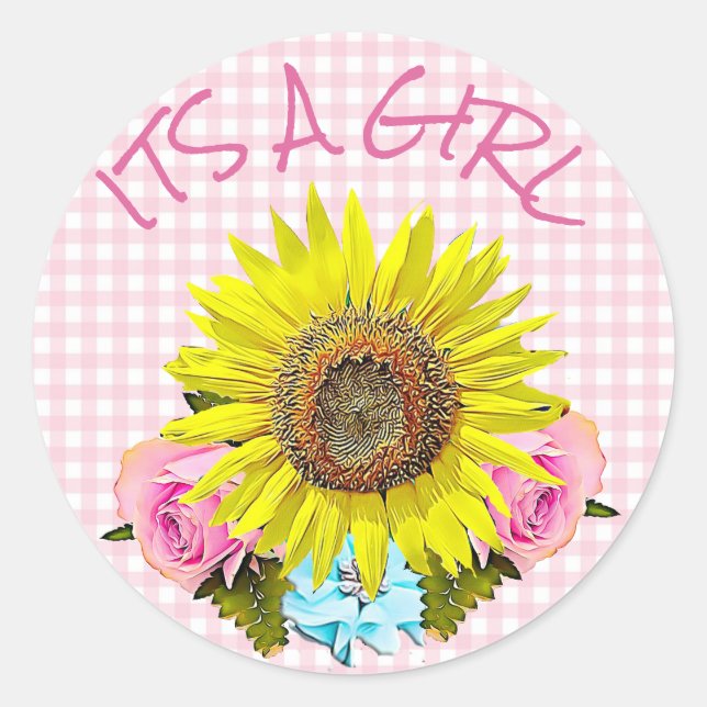 Stickers BABY SHOWER tournesol rose En vichy (Devant)