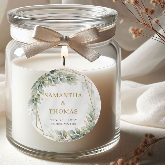 Stickers Boho aquarelle vert eucalyptus et or (Boho dusty green leaves gold frames wedding sticker)