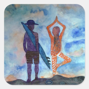 Stickers Carré cool de yoga Surf Sunset Art, Gloss