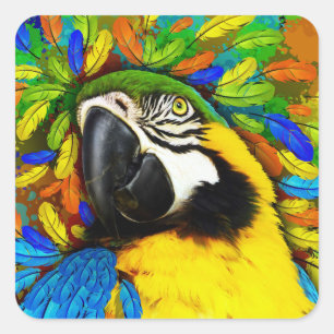 Stickers Carré or et bleu Macaw Parrot