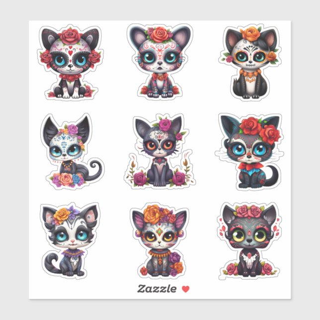 Stickers Chat Dia de Los Muertos - Série de 9 (Feuille)