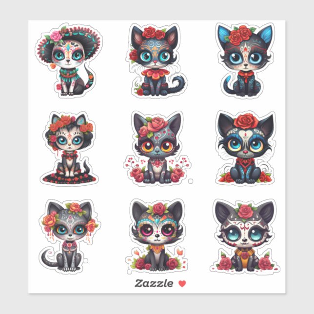 Stickers Chat Dia de Los Muertos - Série de 9 (Feuille)