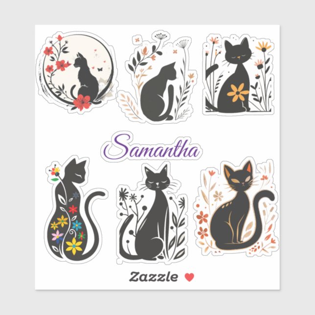 Stickers Chat Noir élégant avec nom modifiable (Feuille)