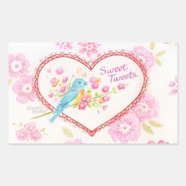 Stickers Coeur Doux Tweets Oiseau Bleu Floral (Devant)