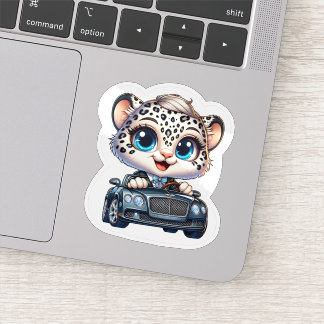 Stickers Cute Kawaii Snow Leopard Big Cat Driving 