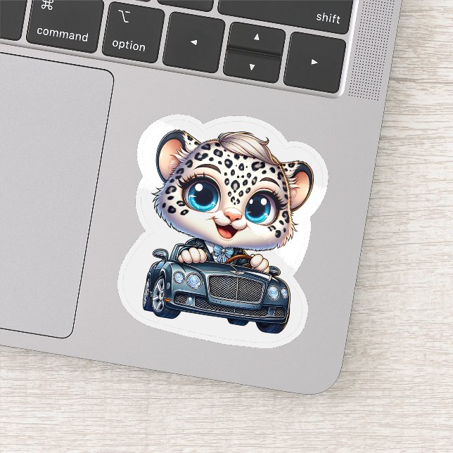 Stickers Cute Kawaii Snow Leopard Big Cat Driving  (Détail)