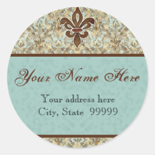 Stickers d'adresse Brown Fleur di Lys Damask