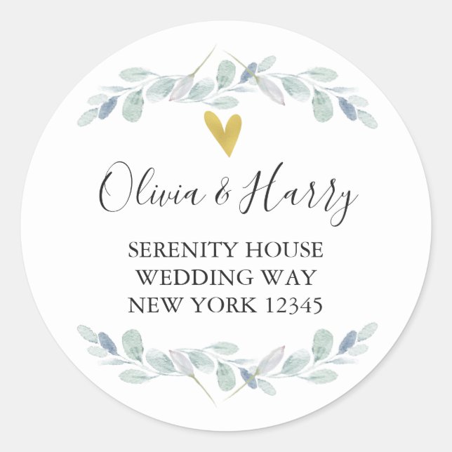 Stickers d'adresse de retour Gold Heart Eucalyptus (Devant)