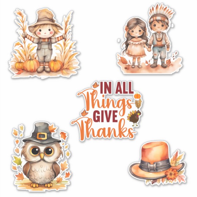 Stickers d'aquarelle Thanksgiving mignon (Devant)