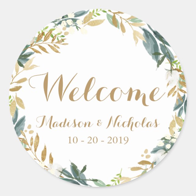 Stickers de bienvenue aux fleurs blanches d'or (Devant)