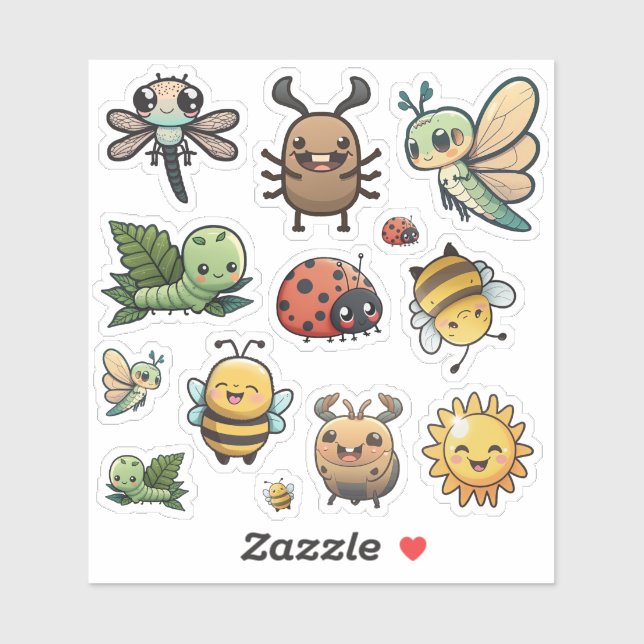 Stickers de bogues mignons et heureux, Kawaii Bugs (Feuille)