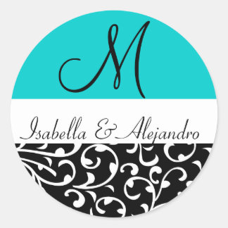 Stickers de mariage Aqua Blue Swirl Damask Monogra