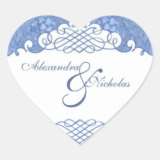 Stickers de mariage bleu floral Damas et manuscrit