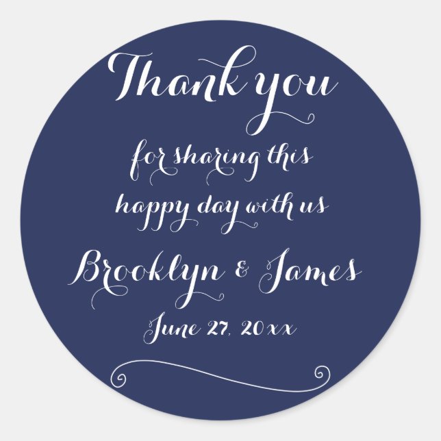 Stickers de mariage bleu marine Merci élégant (Devant)