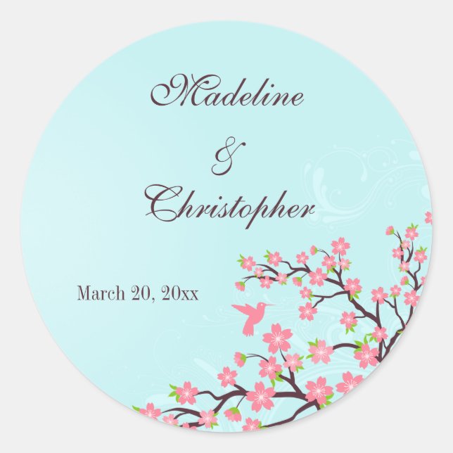 stickers de mariage bleu rose cerisier élégant (Devant)