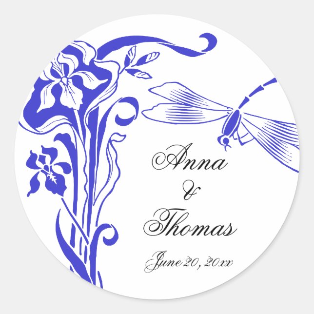 Stickers de mariage bleu royal Iris & Dragonfly (Devant)