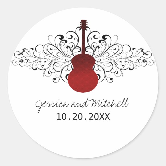 Stickers de mariage de guitare Red Swirls (Devant)