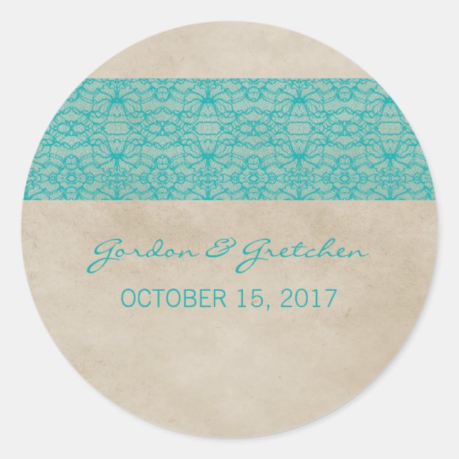 Stickers de mariage en dentelle rustique turquoise (Devant)