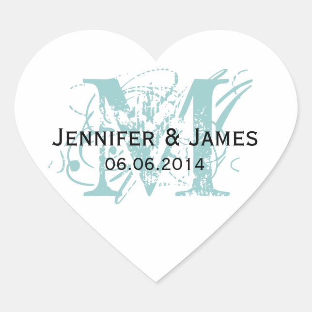 Stickers de mariage Monogramme bleu Forme cardiaqu (Devant)