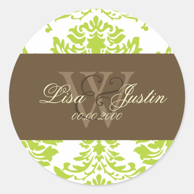 stickers de mariage monogramme Damask vert (Devant)