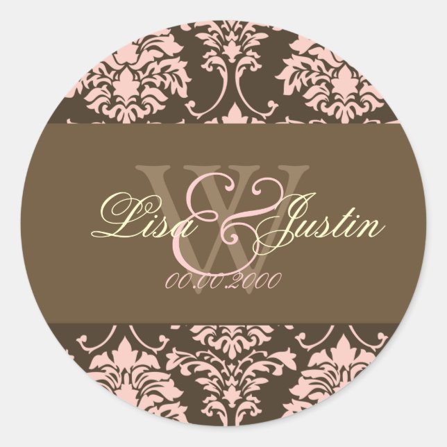 stickers de mariage monogramme rose Damask (Devant)