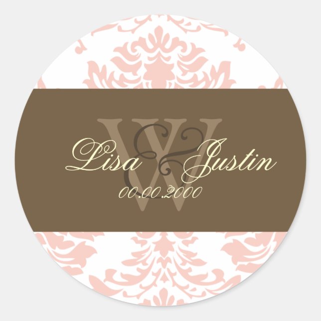 stickers de mariage monogramme rose Damask (Devant)